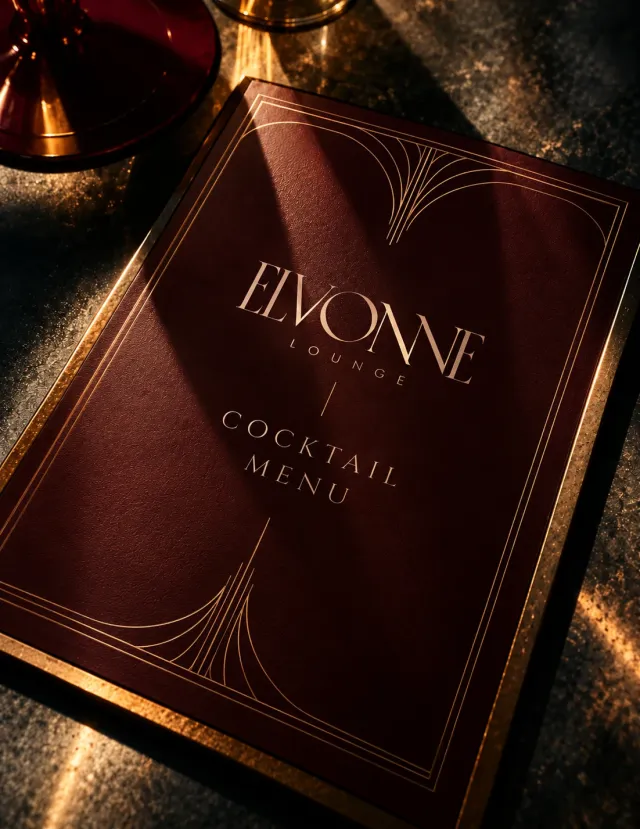 Vinrød cocktailmeny for ELVONNE Lounge med art deco-linjer i gull. KI-generert.