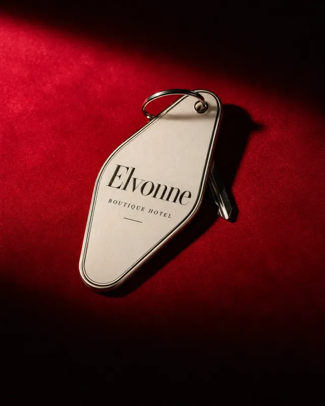 Nøkkelanheng i ivory med ELVONNE Boutique Hotel på rød fløyel. KI-generert.