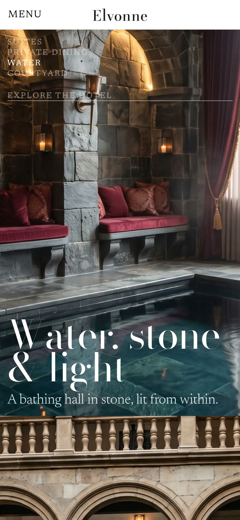 ELVONNE-nettsiden på mobil: Water, stone & light.
