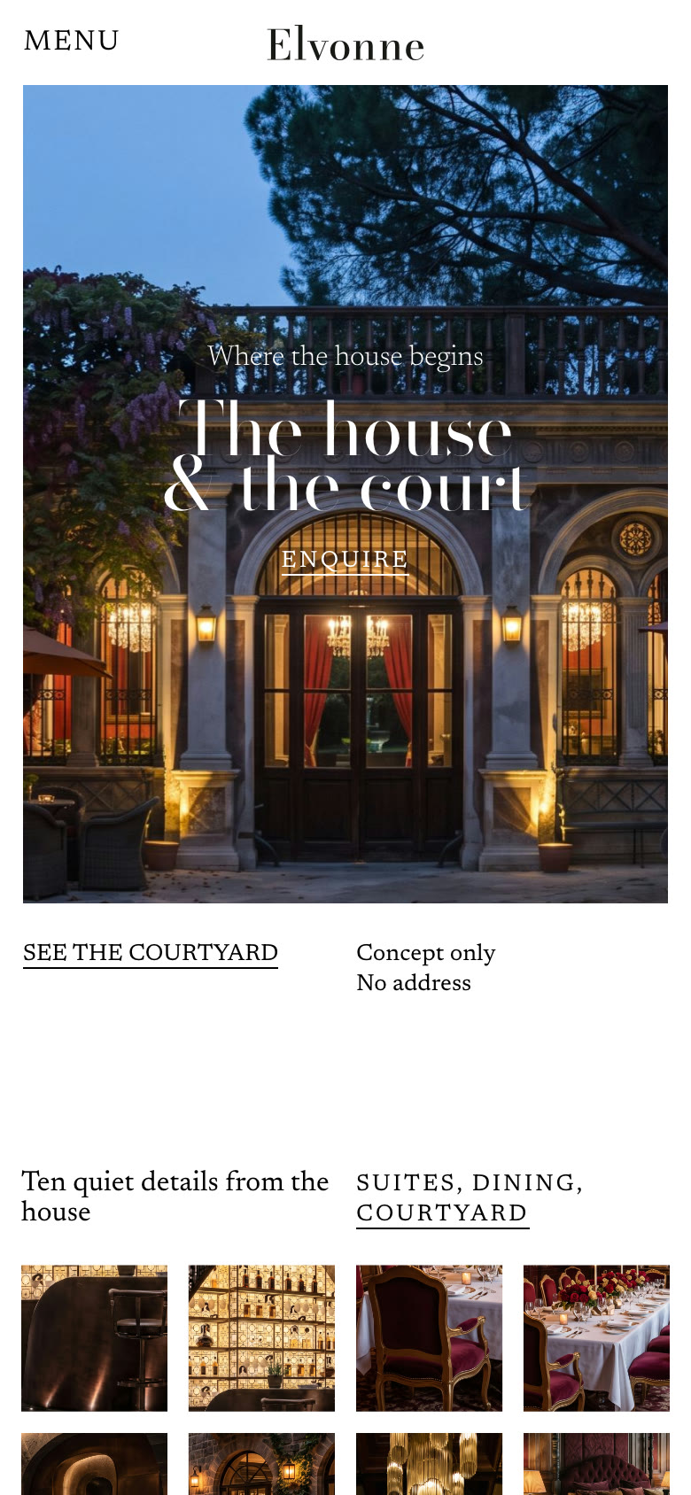 ELVONNE-nettsiden på mobil: The house & the court.