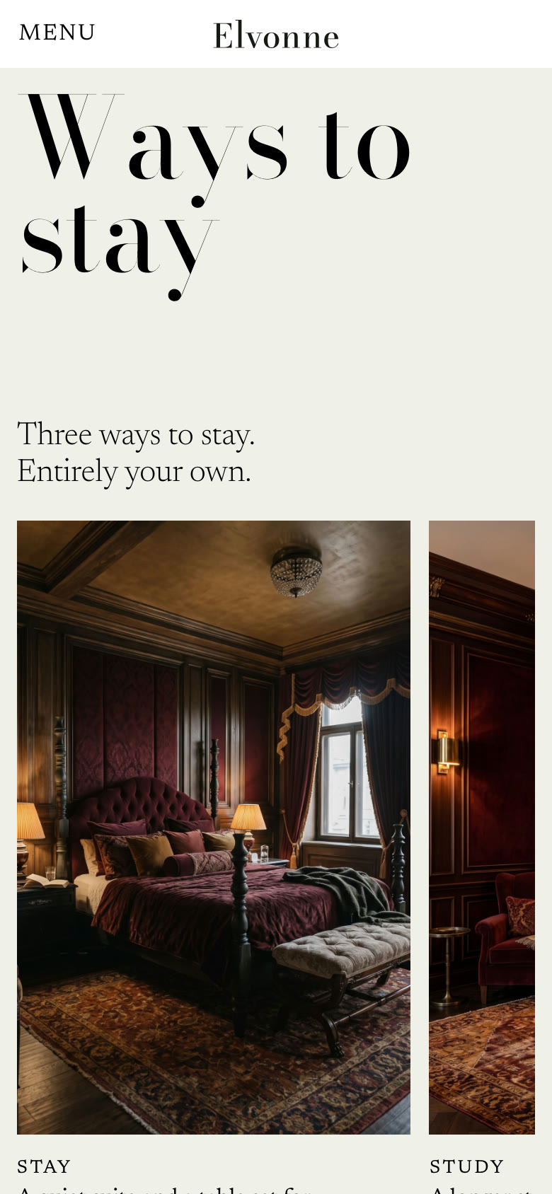 ELVONNE-nettsiden på mobil: Ways to stay.