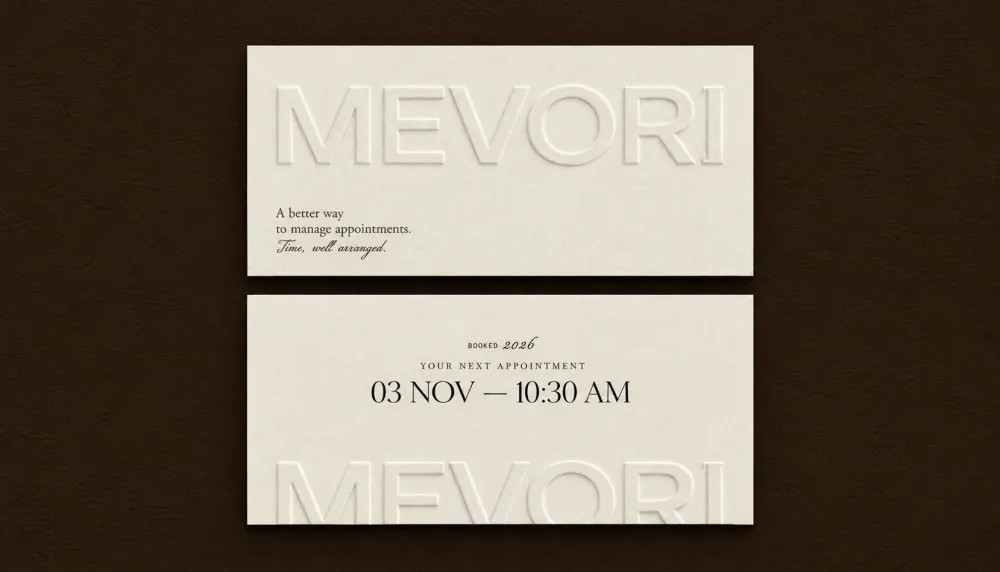 Preget MEVORI-ordmerke på to krembrune avtalekort mot mørk bakgrunn: «Your next appointment, 03 Nov — 10:30 AM». Mockup.
