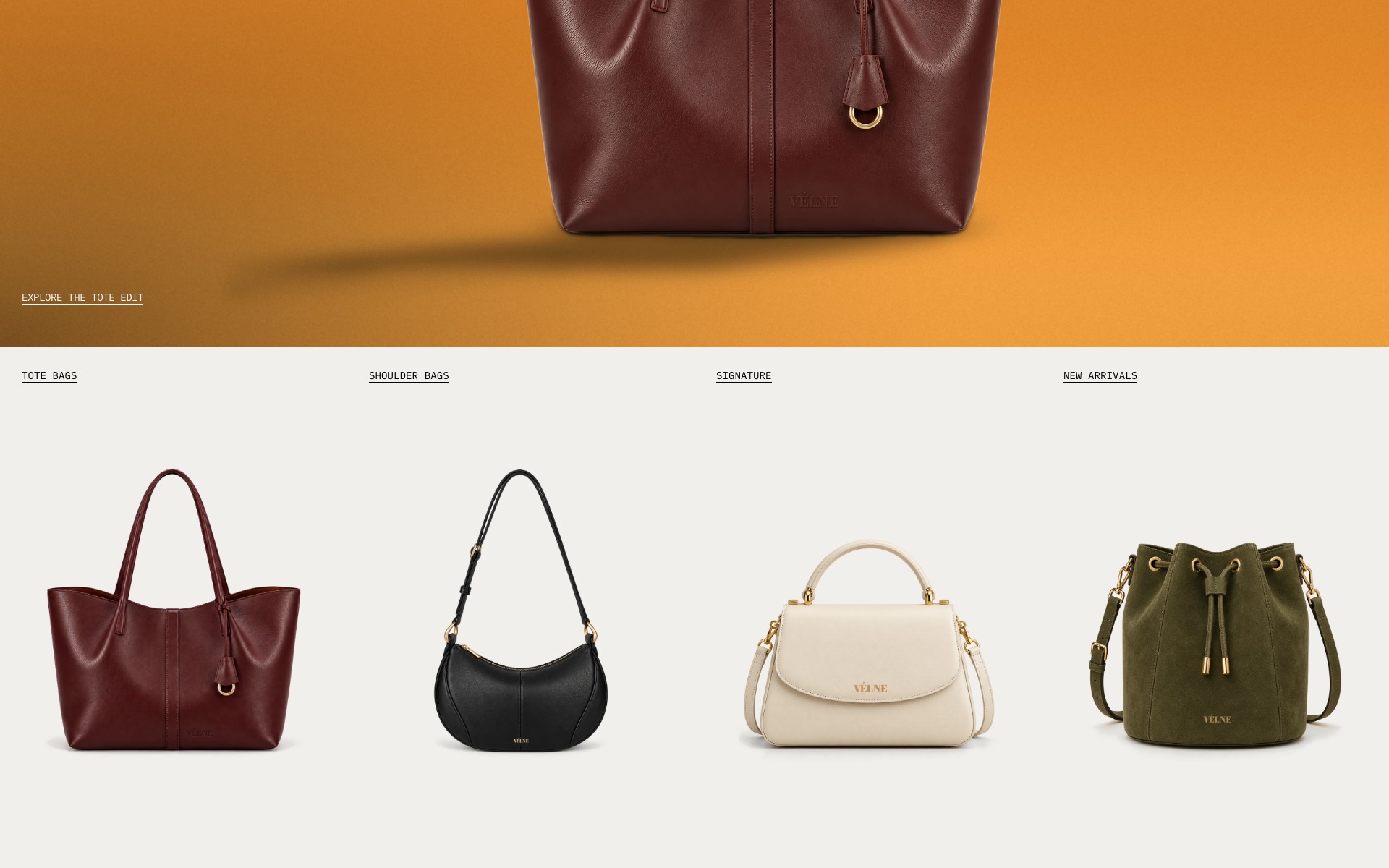 VÉLNE-nettsiden på desktop: kategoriene med Large Tote, Medium Shoulder, Top Handle og Bucket.
