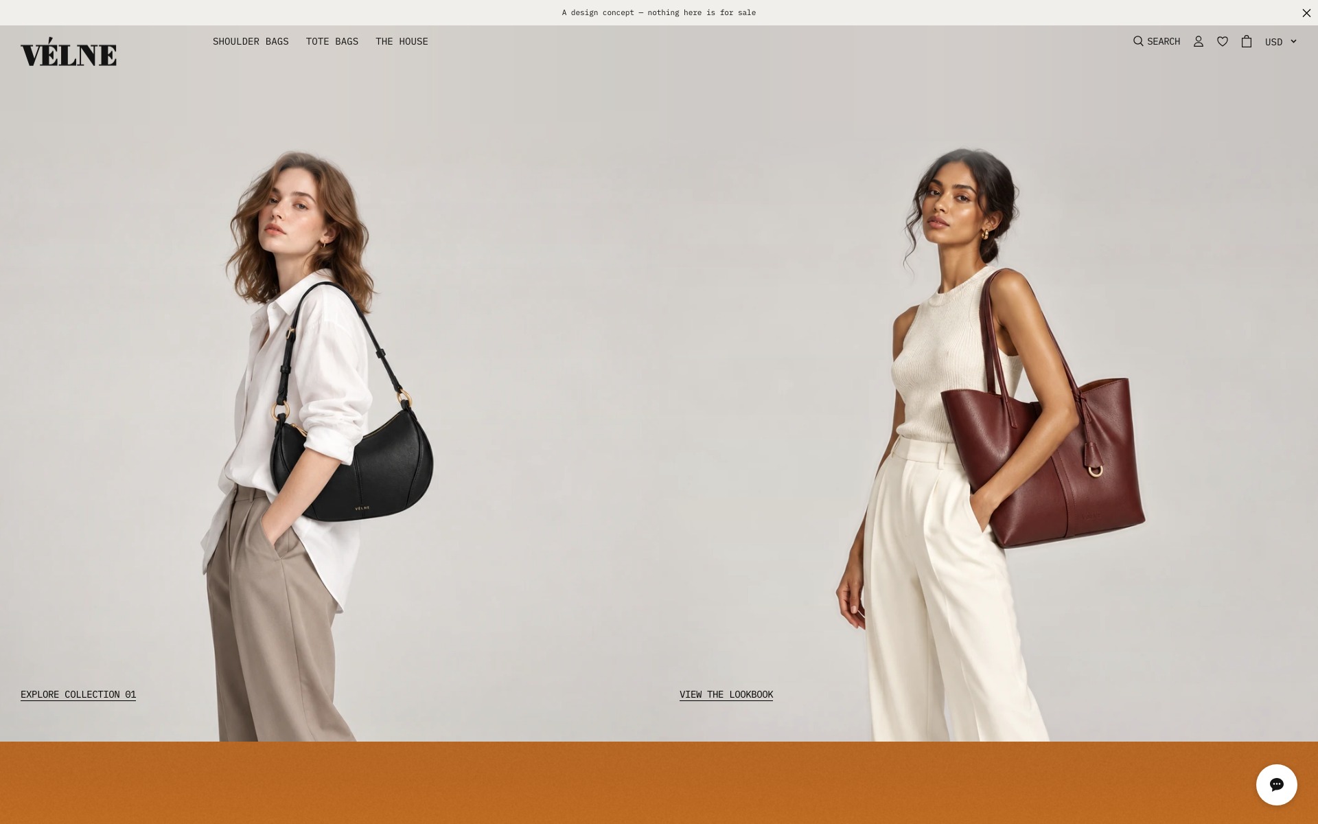 VÉLNE-nettsiden på desktop: delt hero med to modeller og navigasjonen med ordmerket.