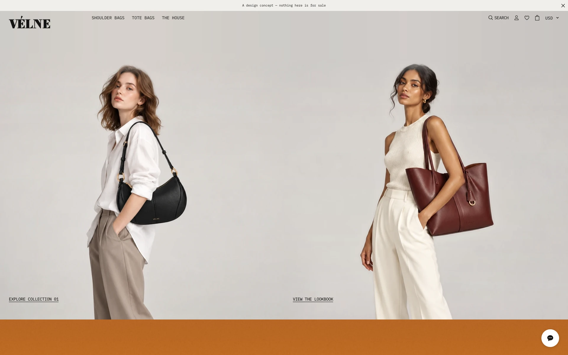 VÉLNE-nettsiden på desktop: forsiden med to modeller som bærer veskene.