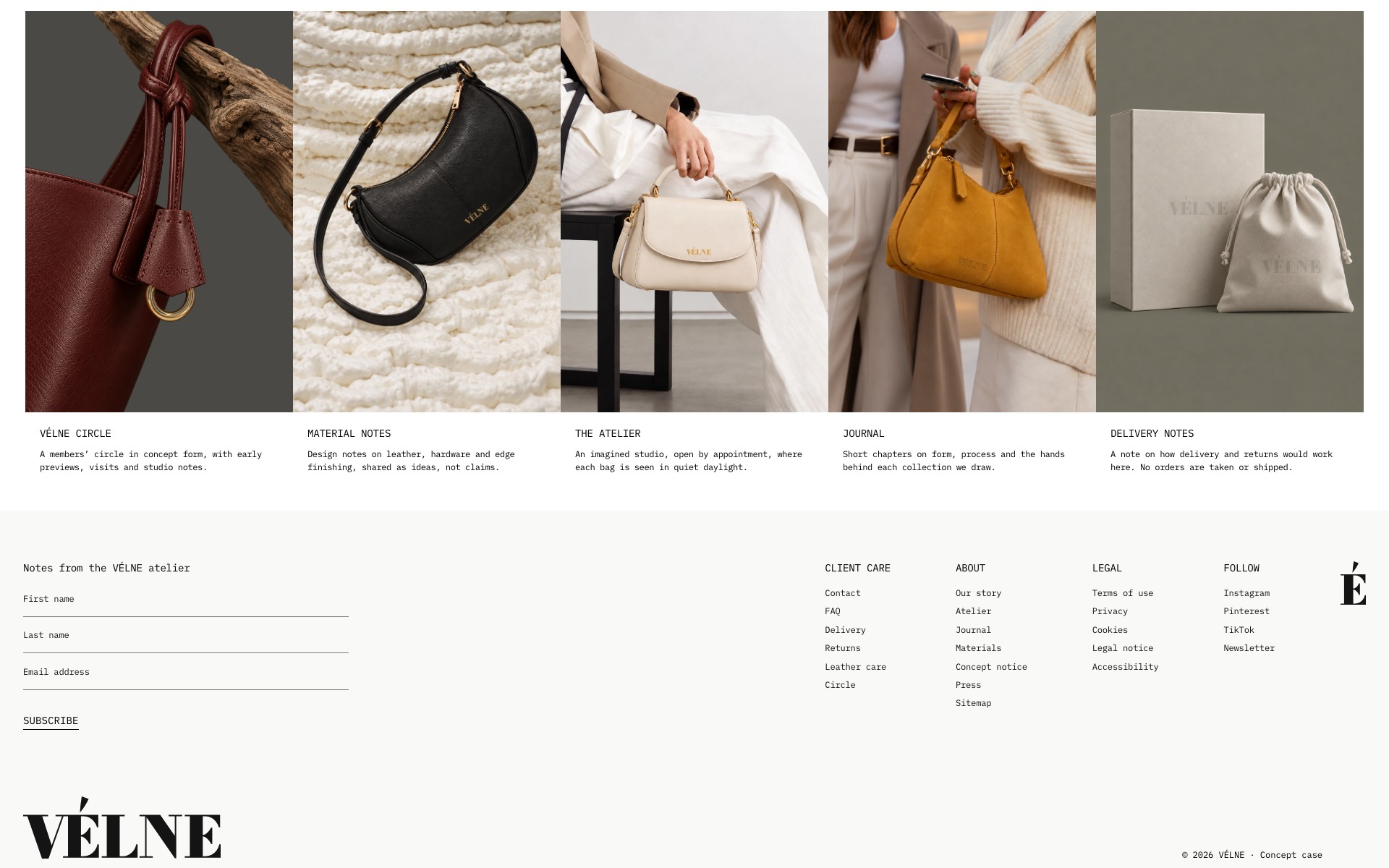VÉLNE-nettsiden på desktop: fem info-fliser med tote-anheng, svart skulderveske, kremhvit håndveske, okerveske og eske med støvpose, og footeren med ordmerket.