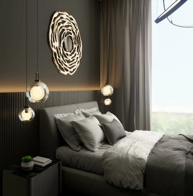 Arca Apartment: mørkt soverom med gullornament på veggen og glasslamper over nattbordet. Stockrendering.