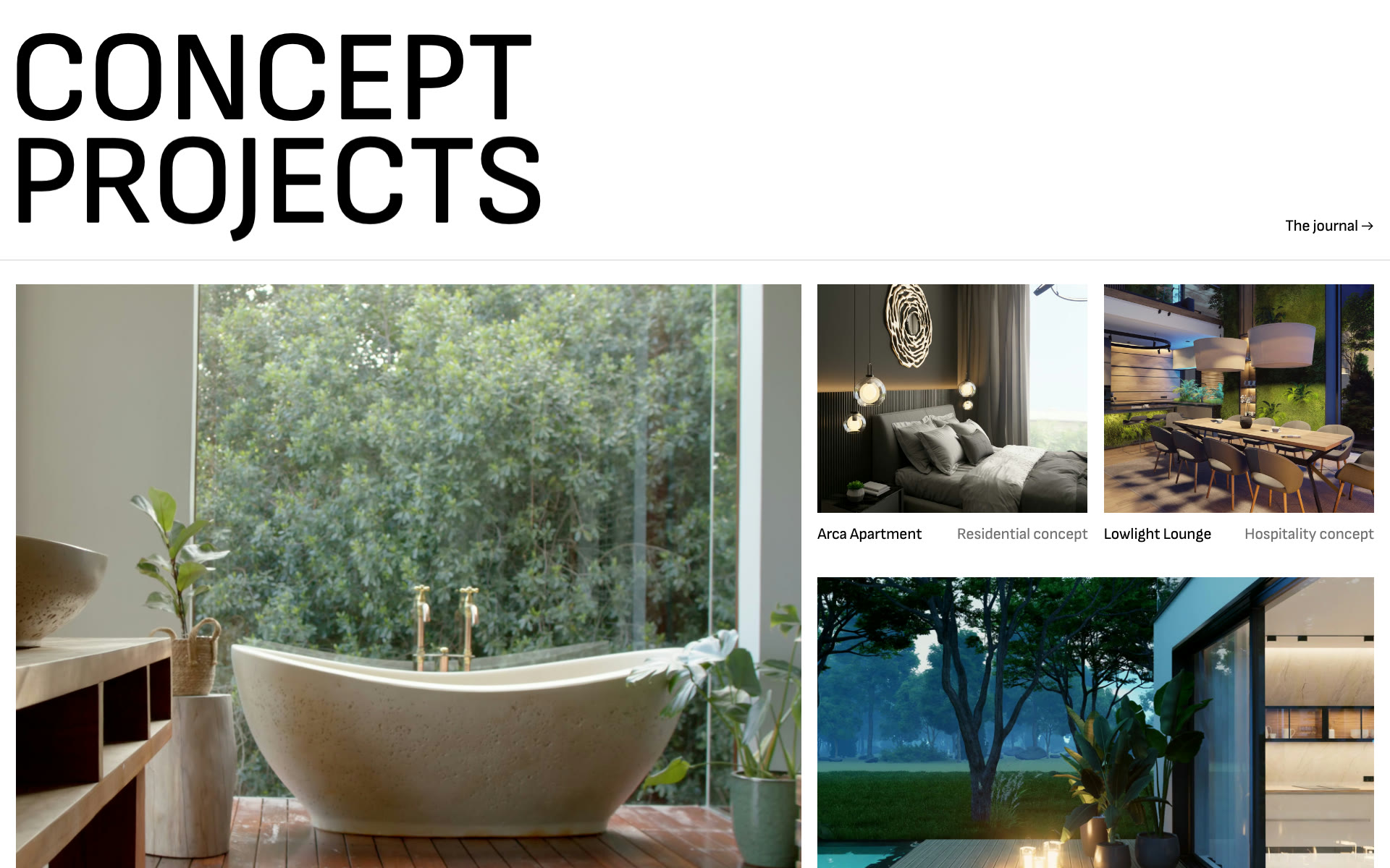 VELÓRA-nettsiden på desktop: Concept Projects med The Still House, Arca Apartment, Lowlight Lounge og The Courtyard.