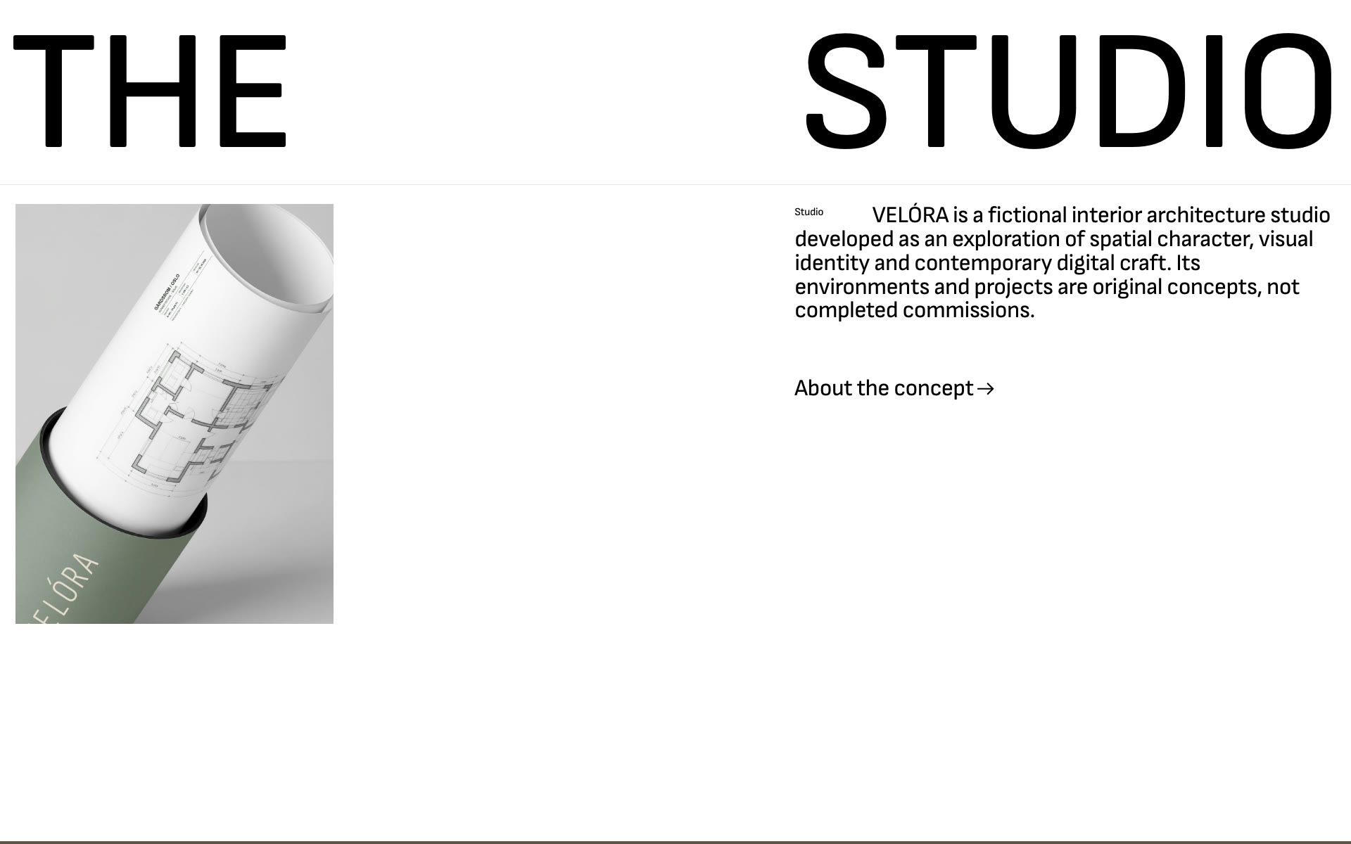 VELÓRA-nettsiden på desktop: THE STUDIO med tegningsrullen og studioteksten.