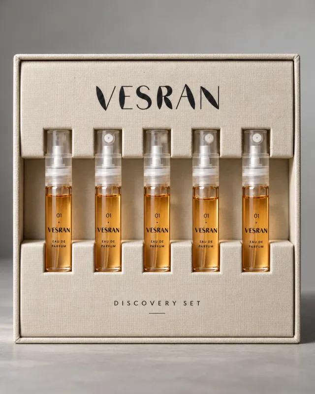 Discovery set: en beige eske med fem VESRAN-prøveflasker i rad. KI-generert.