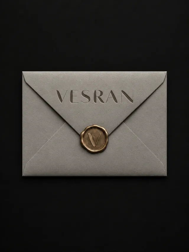 Grå konvolutt med preget VESRAN-ordmerke og et bronse lakksegl med V-monogram, på sort bakgrunn. KI-generert.