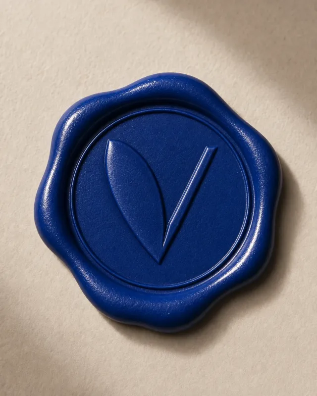 Blått lakksegl med VESRAN-monogrammet, en V der det venstre strøket er et blad. KI-generert.